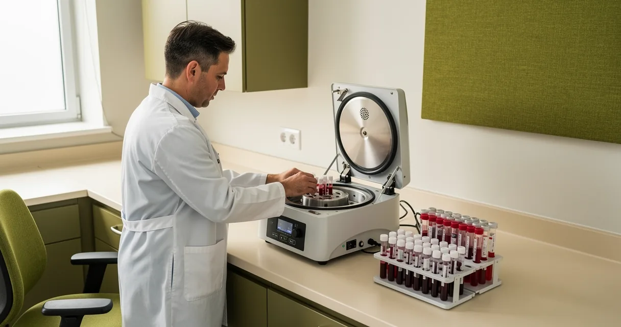 A laboratory technician balances blood-sample tubes in an open benchtop centrifuge