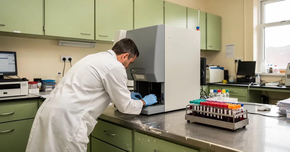 A laboratory worker examines a cell-analysis instrument beside racks of sample tubes
