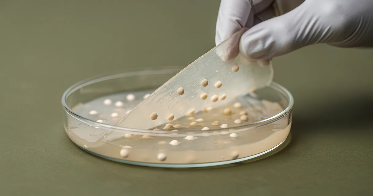 Gloved hands lift a translucent gel containing small pale beads from a dish