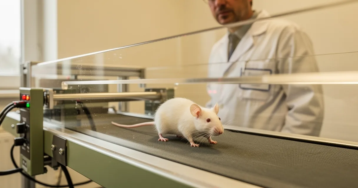A laboratory mouse walks on an enclosed treadmill with a technician nearby