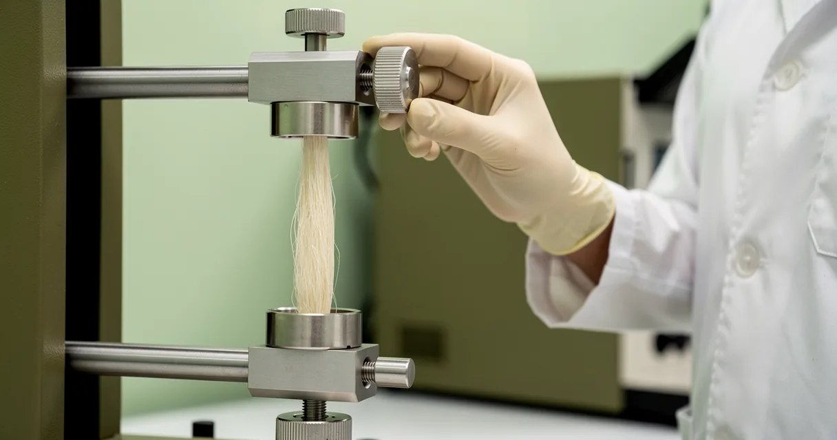 A technician adjusts a small tensile tester holding a pale fibrous specimen